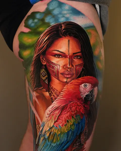 Indigenous woman with a red macaw, color tattoo on the thigh.