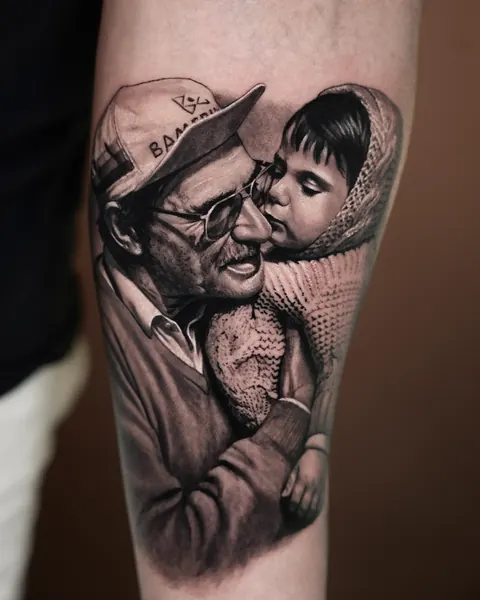 Grandfather hugging his grandson, black and grey tattoo on the forearm.