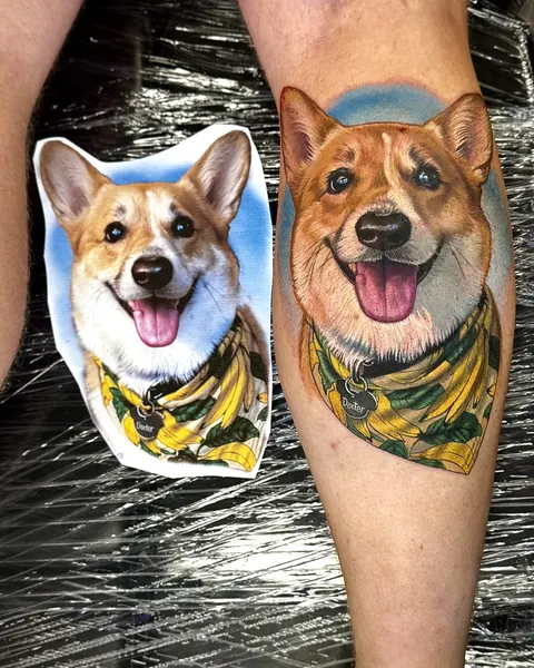 Printed photo of a corgi next to its color portrait tattooed on the calf.