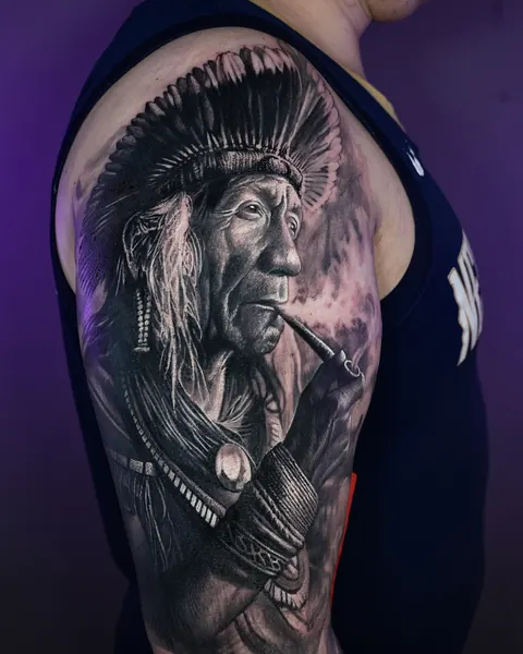 Portrait of a chief in a feather headdress, black and grey tattoo on the arm.