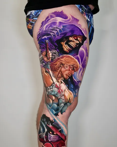 Full leg tattooed in color with characters in shades of purple and blue.