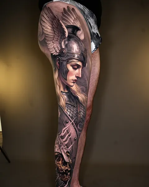 Full leg tattooed in black and grey with a warrior figure and wings.