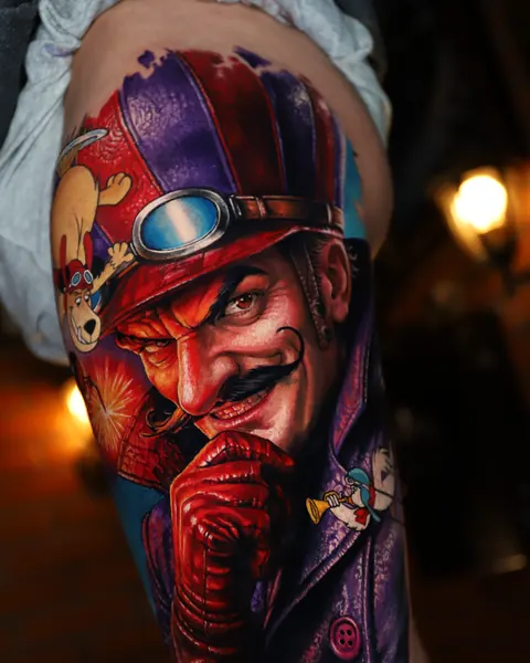 Animated character wearing an aviator helmet, color tattoo.