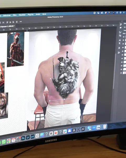 Computer screen showing a lion and warrior composition built on a photo of the client's back.